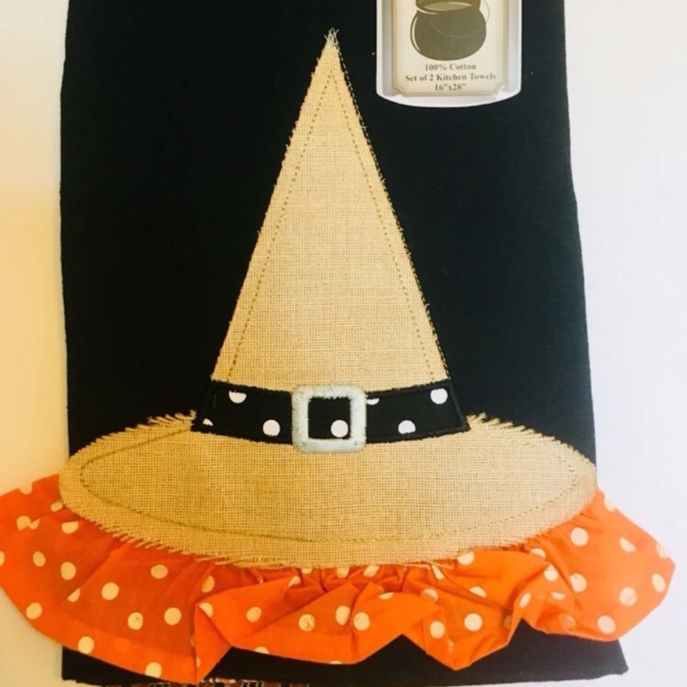 2 Halloween Burlap Witch Hat Ruffle Tea Towels